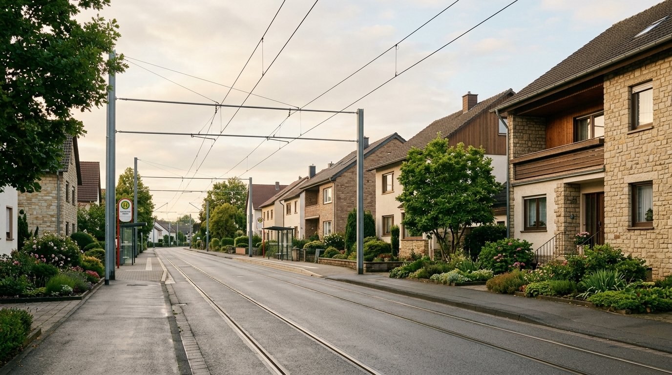 Wohnstraße in Riegelsberg mit Saarbahn-Haltestelle im Hintergrund